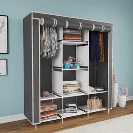 GTC® 88130 Grey 6+2 Fancy Layer Collapsible Portable Foldable Wardrobe for Clothes Racks Organizer Shelves Almirah Non Woven Fabric and PP Plastic (126 x 42.5 x 166 cm) (Self Assemble) Storage Unit